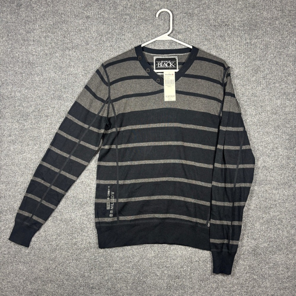 Buckle Black Sweater Mens S Black Gray Striped V-Neck Henley Athletic Fit NWT